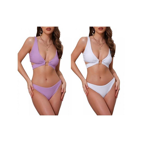 

2 комплекта женского купальника с широкими бретелями, вырезом в виде кольца и V-образным вырезом, топ на завязках и треугольные трусики Inspire Chic, White Purple, Белый, 2 комплекта женского купальника с широкими бретелями, вырезом в виде кольца и V-обра