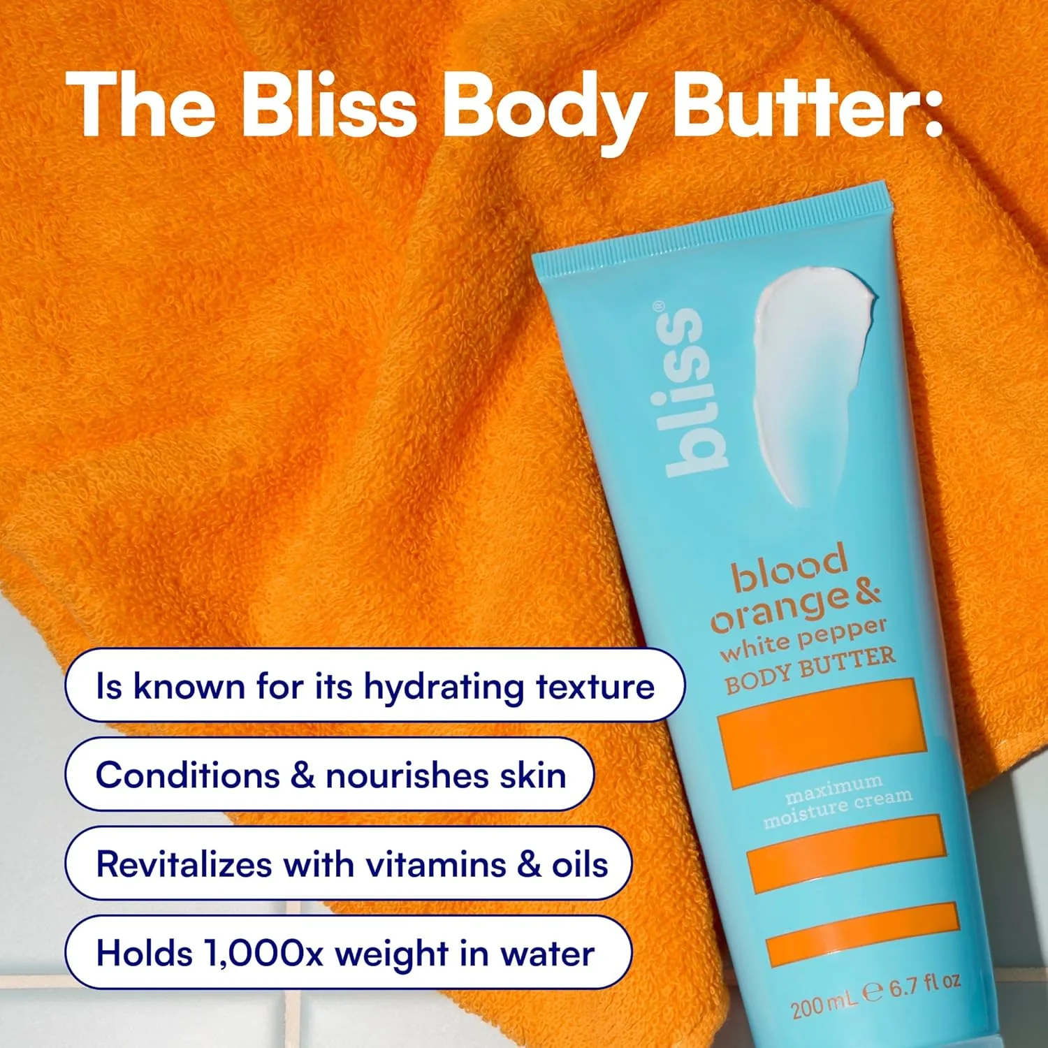Bliss Body Butter - Blood Orange и White Pepper - максимально увлажняющий крем 200 мл, лосьон для сухой кожи, долговременное увлажнение для женщин и мужчин, vegan и cruelty-free 198 мл (1 шт.), ORANGE — фото 4