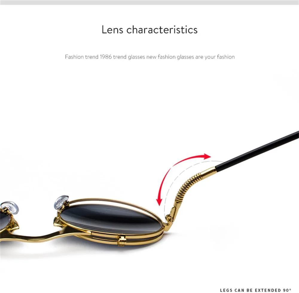 

Солнцезащитные очки в стиле стимпанк, круглые металлические, женские, ретро, ​​с откидной задней крышкой, круглые, двойные металлические, мужские VFDHN, Silver Grey