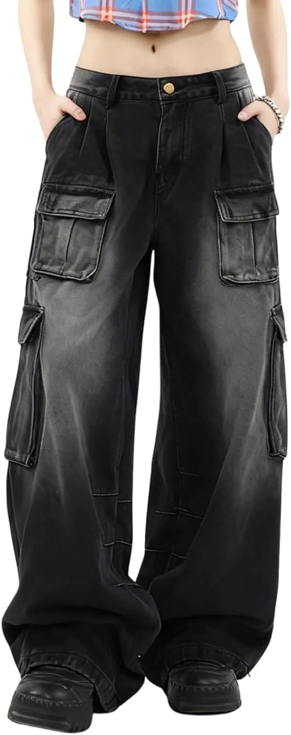 

Багги карго джинсы для женщин, широкие, низкая посадка, синие Hugboom