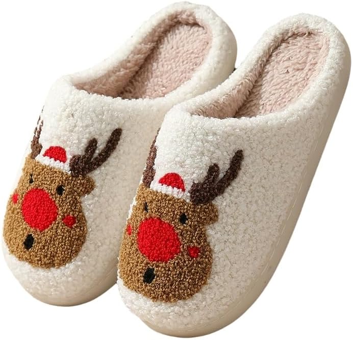 

Домашние тапочки ZSKunity с рождественским оленем, уютные плюшевые тапочки для пары с нескользящей подошвой, милый узор с оленем, теплые зимние тапочки для женщин и мужчин (разные размеры) Generic, красный