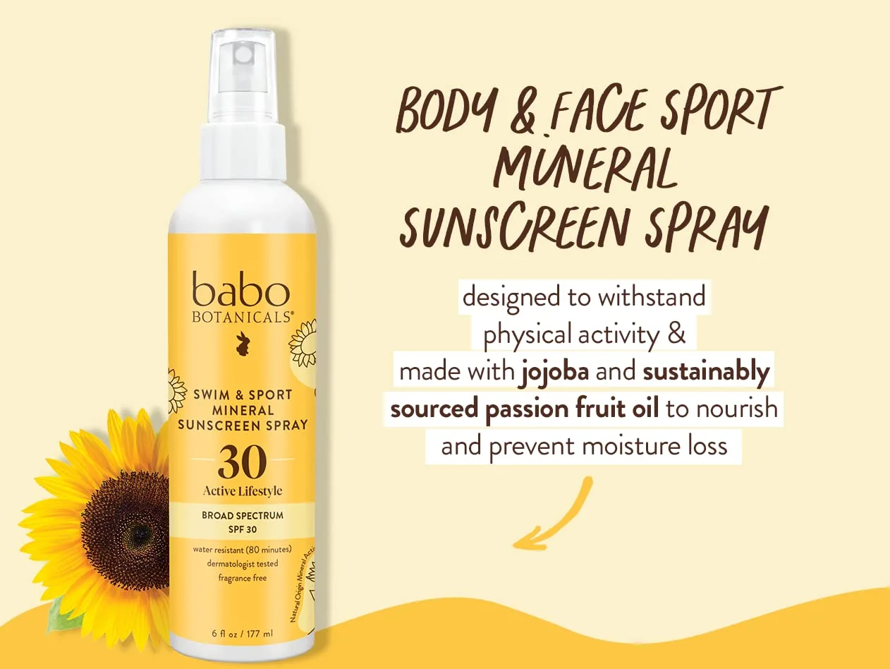 Babo Botanicals минеральный солнцезащитный спрей для плавания и спорта SPF 30 с натуральным оксидом цинка для лица и тела, для всех возрастов, дерматологически протестирован, cruelty-free, без отдушек, водостойкий, Yellow — фото 3