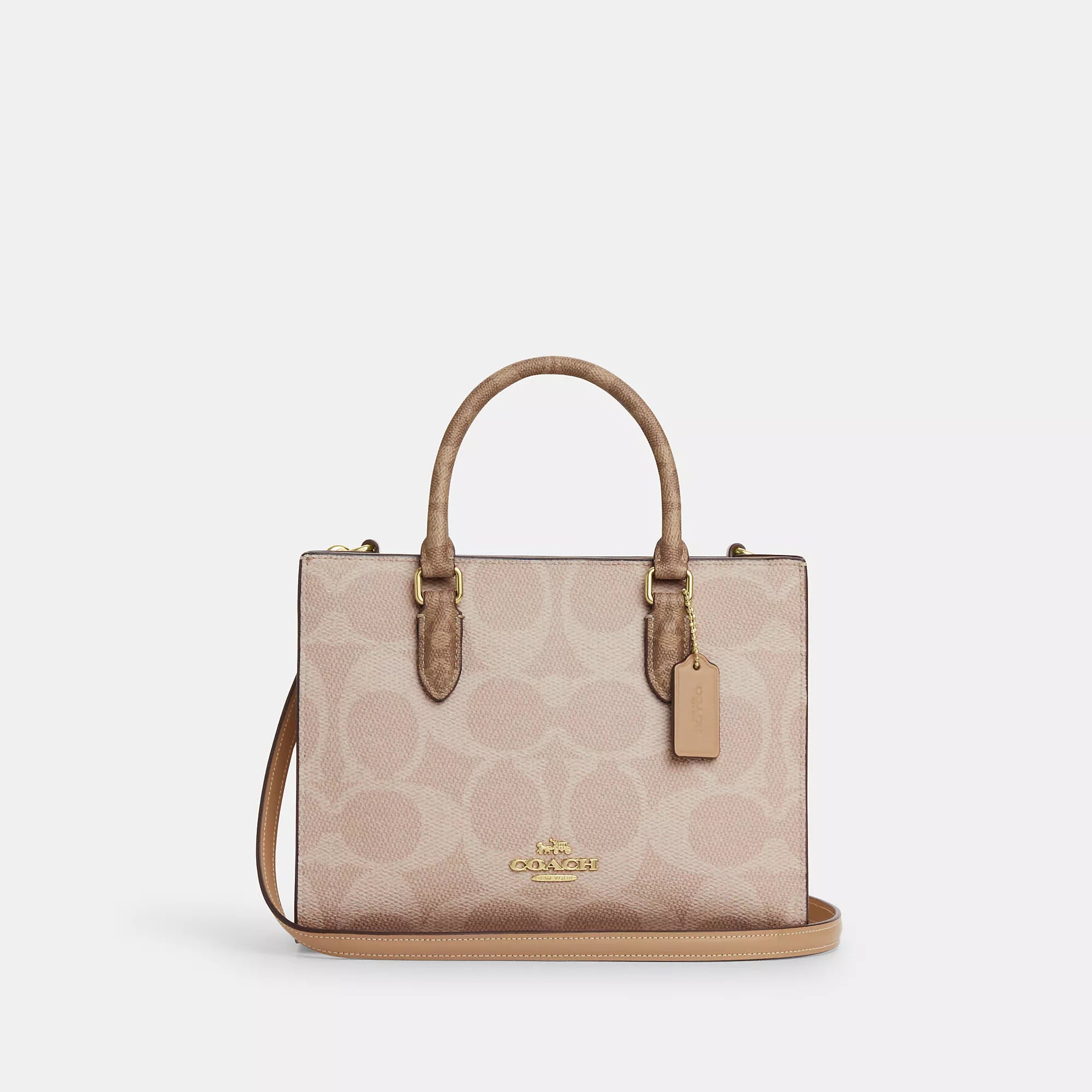 

Сумка-тоут Maggie от Coach Outlet Small из холщовой ткани Blocked Signature, цвет gold/sand/tan, Бежевый, Сумка-тоут Maggie от Coach Outlet Small из холщовой ткани Blocked Signature, цвет gold/sand/tan