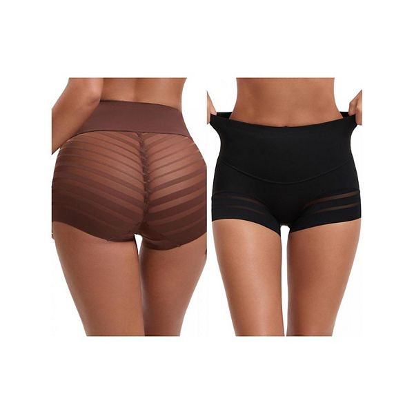 

2 упаковки женских шорт-шейперов с высокой талией и незаметным контролем живота в полоску Inspire Chic, Black Coffee