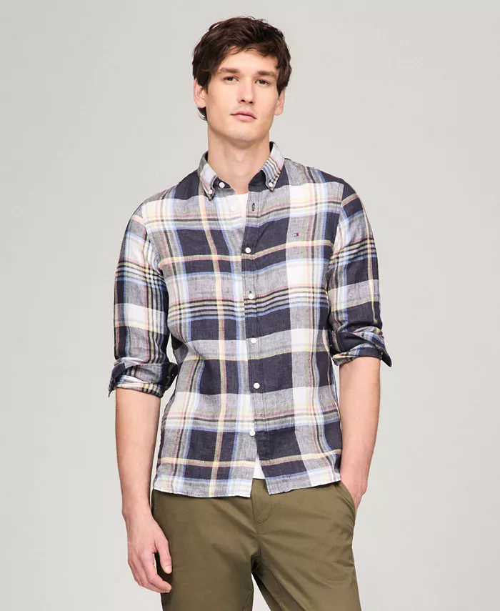 

Мужская классическая льняная рубашка в клетку Iconic Linen Check Slim-Fit с длинными рукавами Tommy Hilfiger, синий
