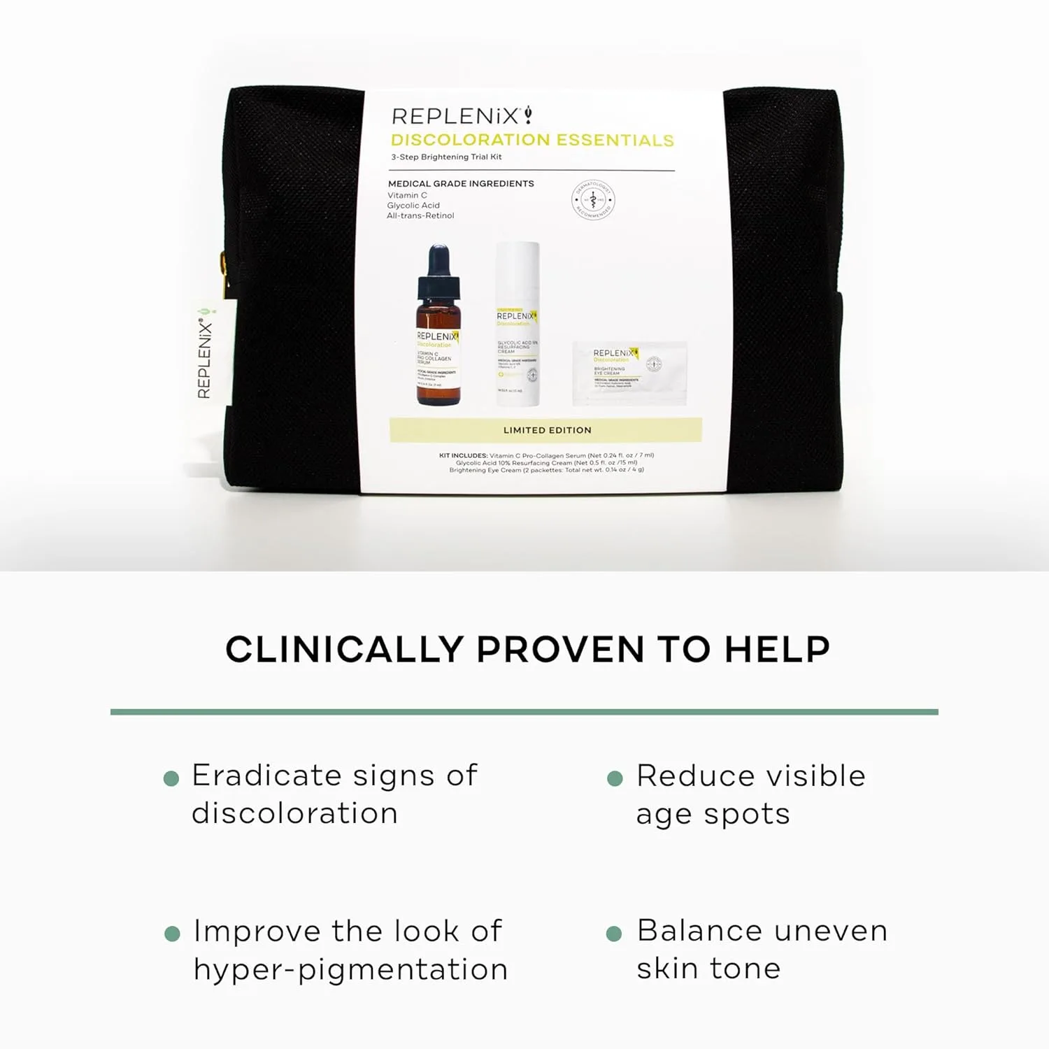 Replenix Discoloration Essentials 3 Step Brightening Medical-Grade Trial Kit: гликолевый крем, сыворотка с витамином C и крем для глаз — фото 2