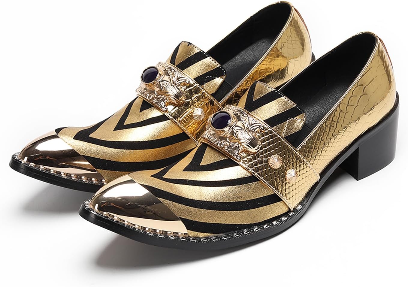 

Мужские туфли Santimon из натуральной кожи, золотого цвета, слипоны с металлическим острым носком - черно-золотой узор, официальная обувь для выпускного, сцены, свадьбы и роскошной вечеринки