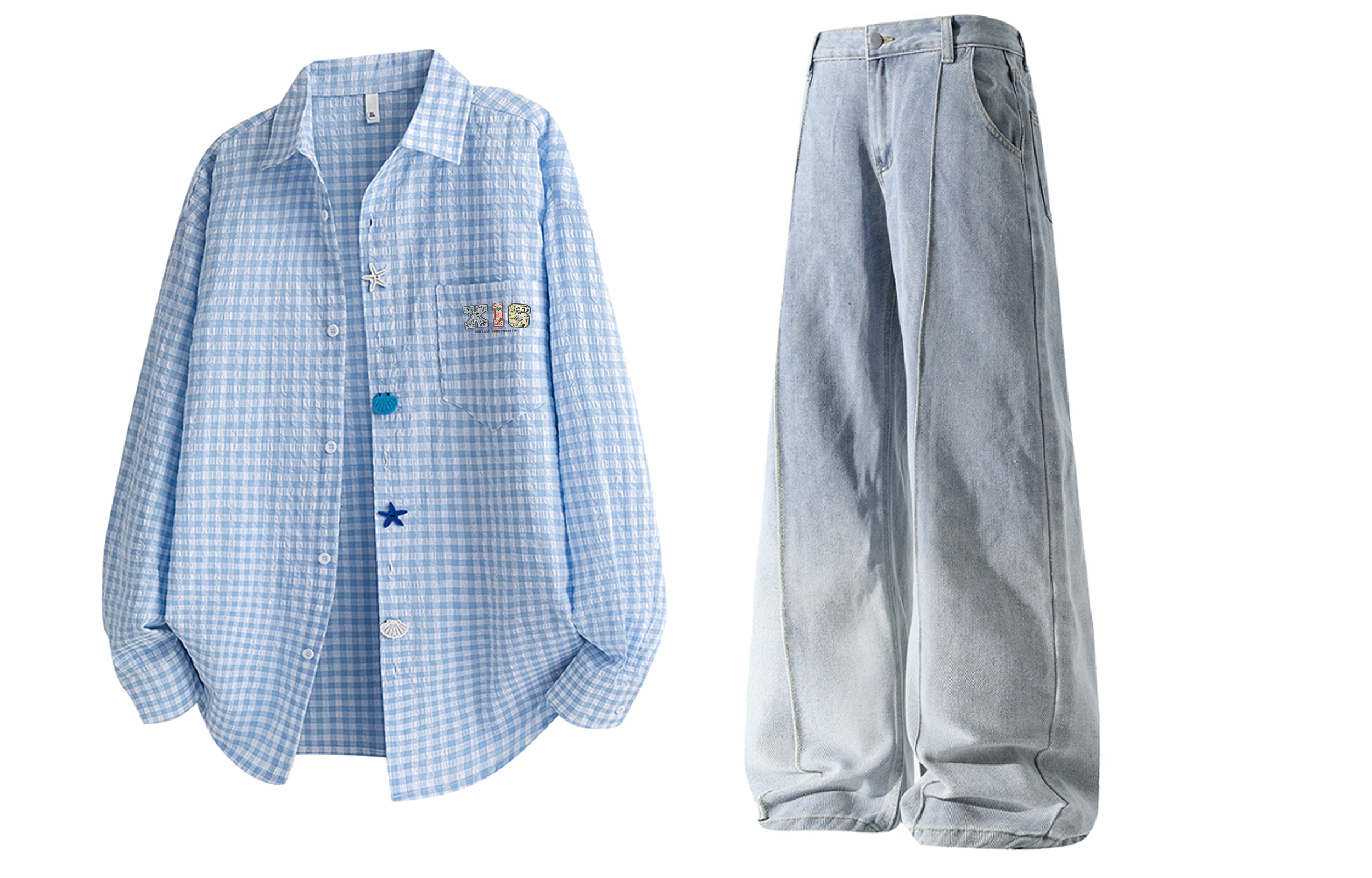 

Повседневная спортивная одежда Unisex Lapel Thin X1617, синий plaid top+синий pants