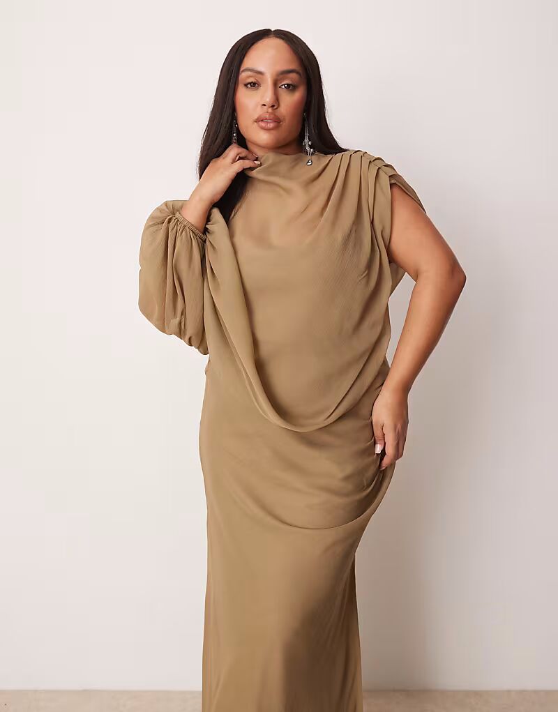 

Платье макси ASOS DESIGN Curve с высоким воротом, драпированным лифом, асимметричным вырезом, серо-коричневого цвета ASOS Curve