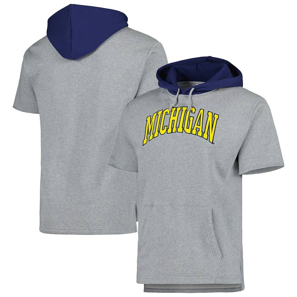 

Мужской пуловер с капюшоном и короткими рукавами Mitchell & Ness Heather Grey Michigan Wolverines Postgame, цвет Mic Grey