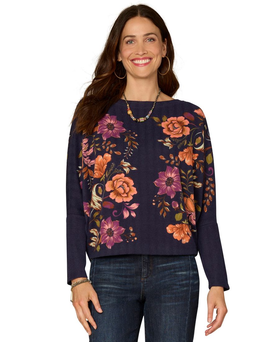 

Укороченный вязаный топ с длинными рукавами и рукавами летучая мышь с принтом в стиле излишняя фактура Democracy, Navy Multi