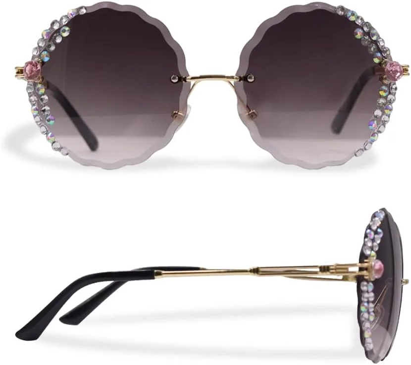 

Солнцезащитные очки MUTYNE больших круглых рюшей без оправы для женщин, модные пляжные солнцезащитные очки, без оправы, с линзами, украшенными алмазной огранкой, 2