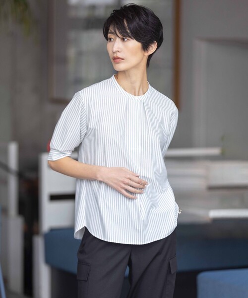 

Трикотажный топ с воротником-стойкой, полосатый, легко моющийся J.PRESS, белый