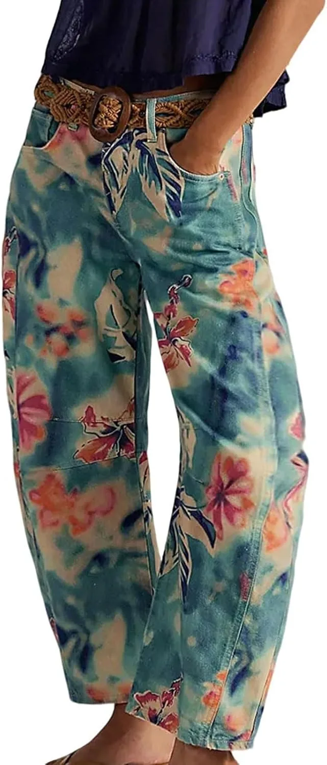 

Женские джинсы с тропическим принтом, высокая талия, широкие LCMTWX