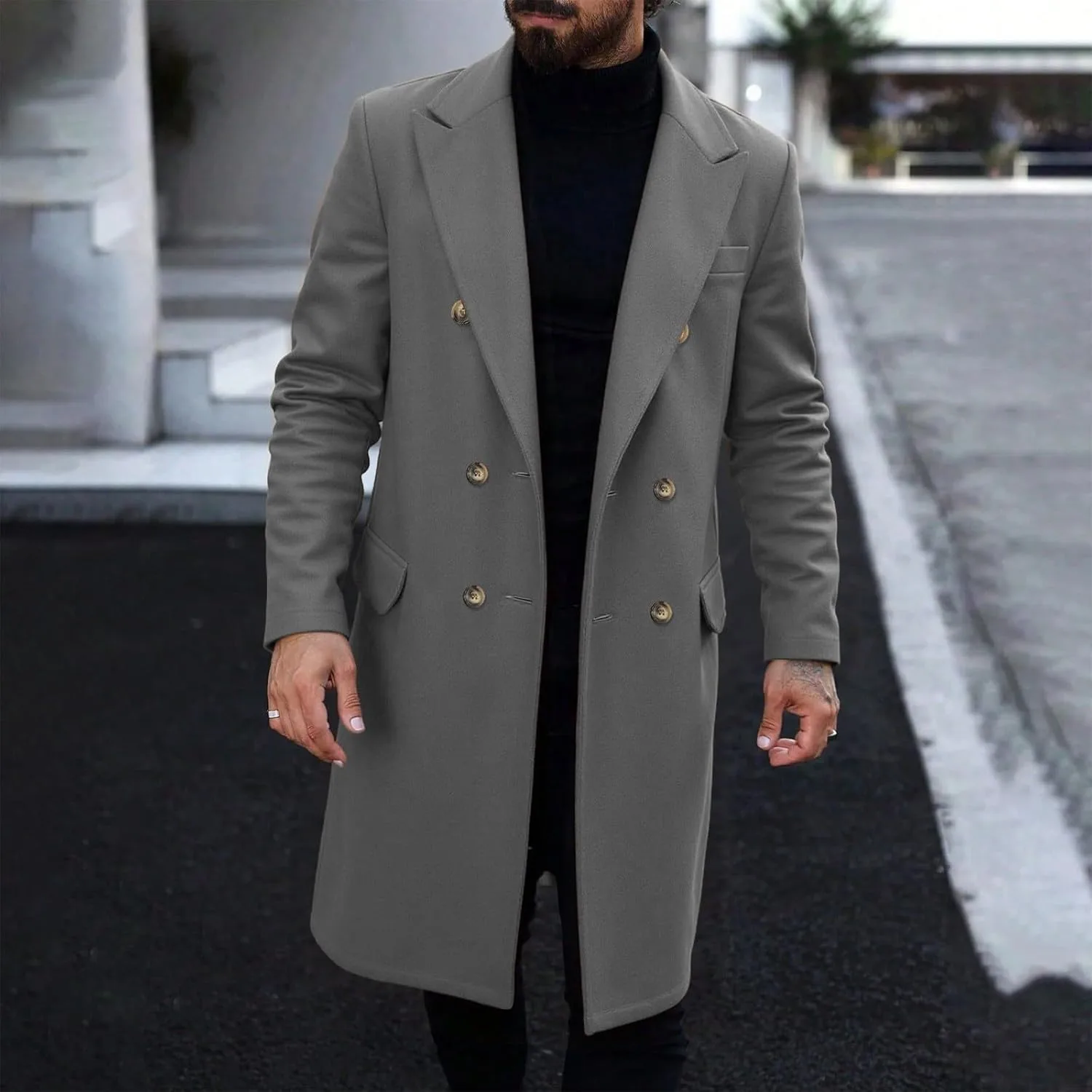 Мужское пальто с вырезом лацкана, двубортное, средней длины, в стиле pea coat, для бизнес-кэжуал, ветровка, зимнее, теплое, пальто Generic, серый — фото 4