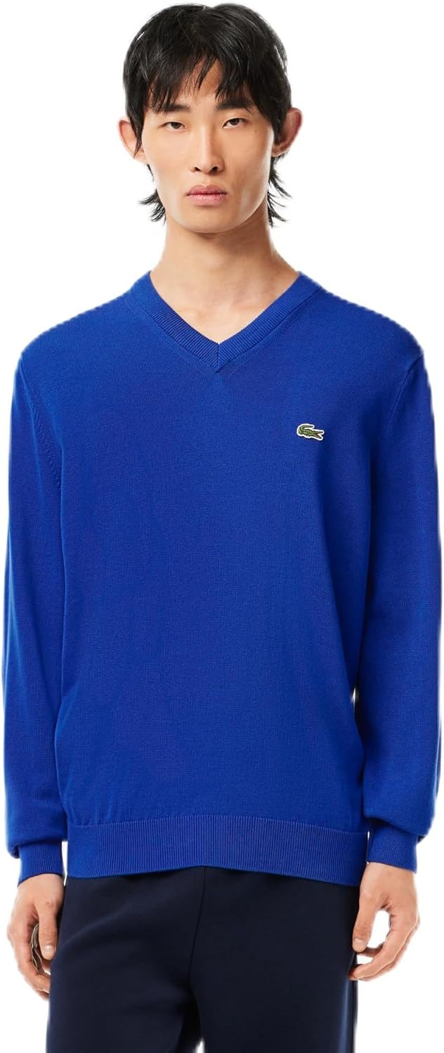 

Lacoste мужской свитер с длинным рукавом, прямой крой, V-образный вырез, из органического хлопка, Cobalt