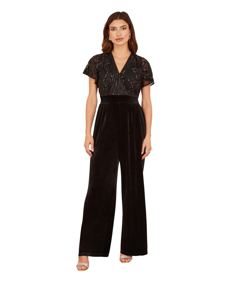 

Женский бархатный комбинезон с запахом, украшенный пайетками Yumi, Black