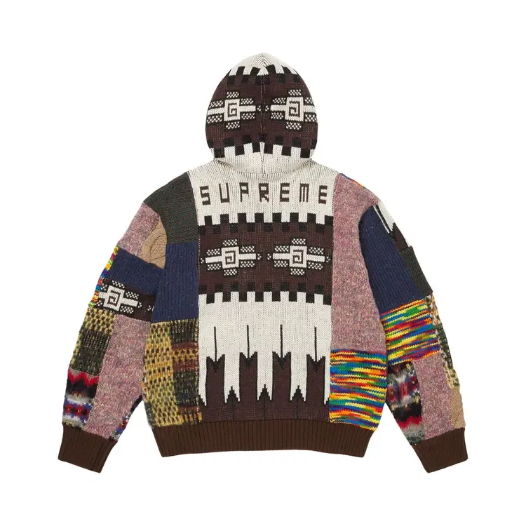 Свитер с капюшоном на молнии и в стиле пэчворк Supreme, коричневый — фото 2