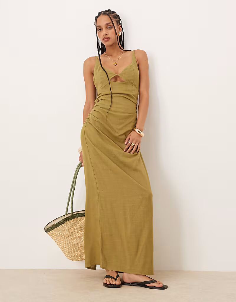 

Длинный льняной сарафан ASOS DESIGN с вырезом-бралетом оливкового цвета