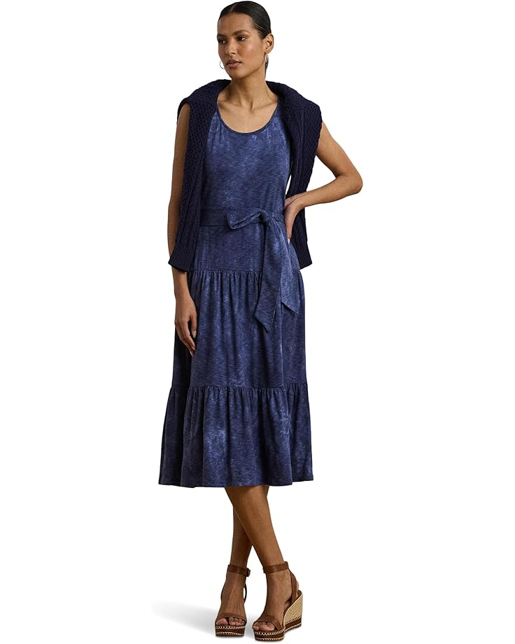 

Платье Lauren Ralph Lauren Print Belted Slub Jersey Tiered Dress, синий мульти