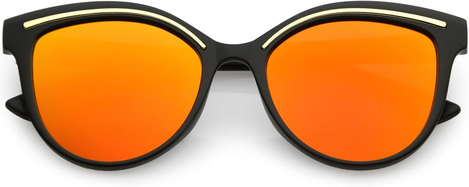 

zeroUV - Современные солнцезащитные очки в форме «кошачий глаз» с металлическими элементами, круглыми цветными зеркальными линзами и плоскими линзами, диаметр линз 53 мм, Matte Black Gold / Red Mirror