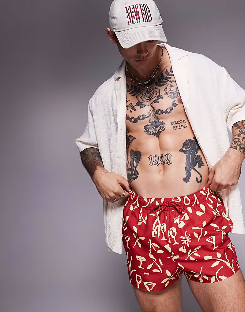 

Шорты для плавания ASOS DESIGN суперкороткой длины с цветочным принтом красного цвета
