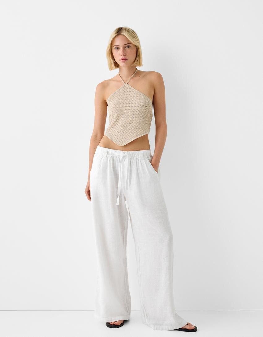 

Широкие брюки из льняной смеси Bershka, белый