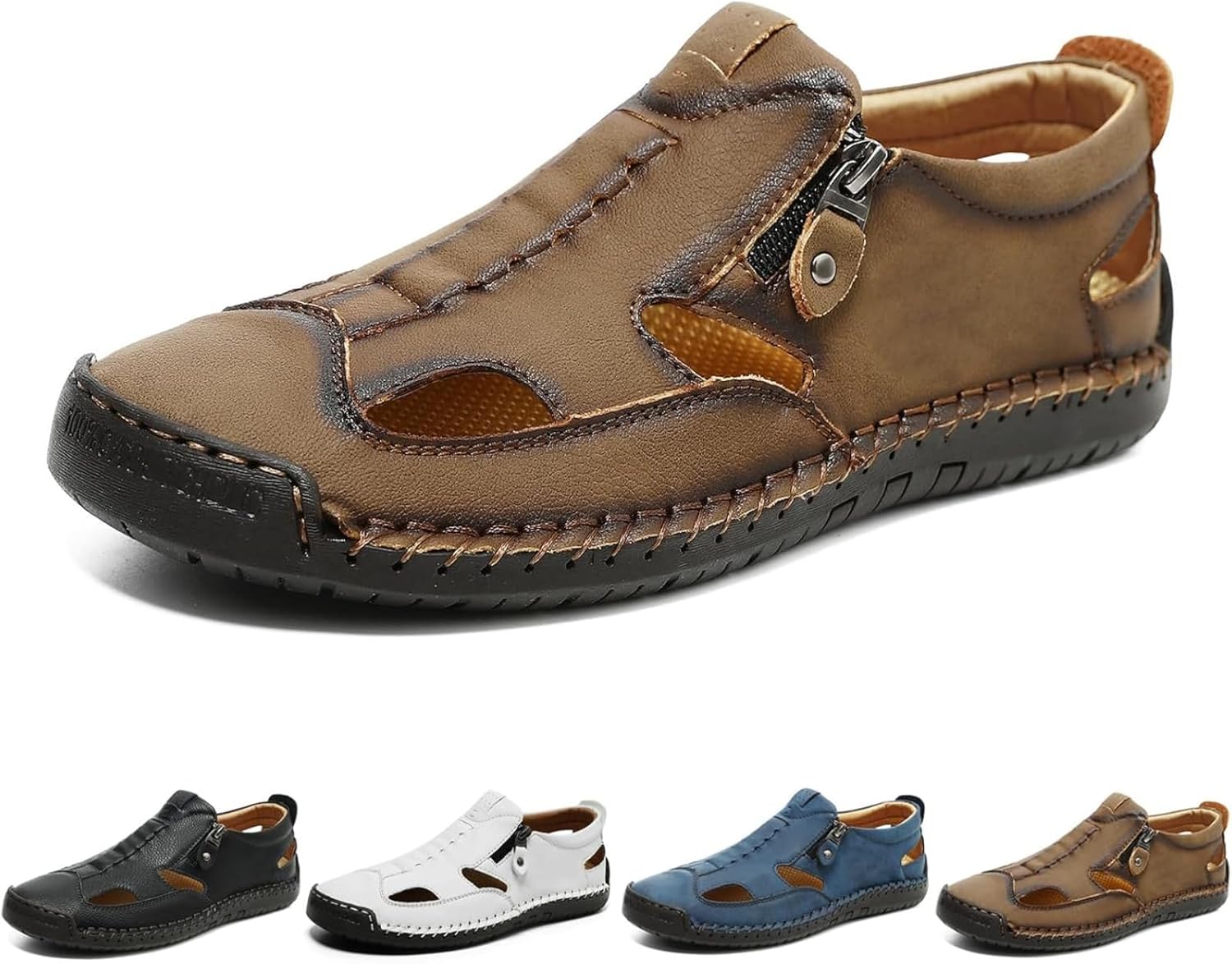 

Мужские закрытые кожаные сандалии-рыбаки, противоскользящие для походов на открытом воздухе, удобные мокасины, летние с боковой молнией для вождения и прогулок Noworfewer, коричневый