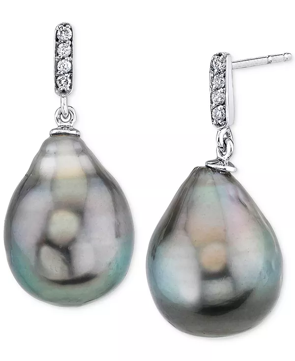 

Серьги-Подвески из белого золота с культивированным таитянским жемчугом барокко (11 мм) и бриллиантами Macy'S, black