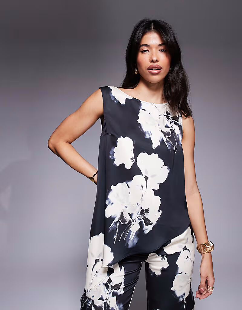 

Костюм из атласа с асимметричной драпировкой и цветочным принтом Asos Design