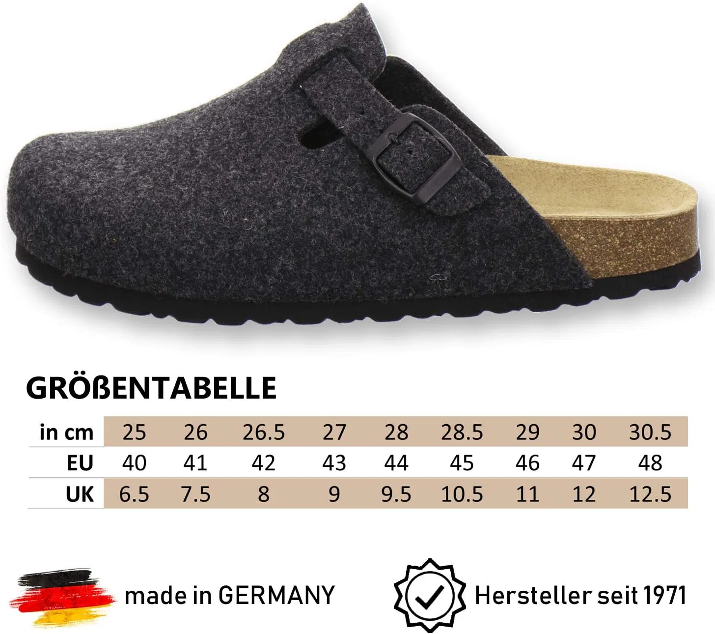 Мужские сабо AFS-Schuhe 36900, закрытые тапочки из фетра, удобные и теплые, произведены в Германии, Charcoal — фото 3