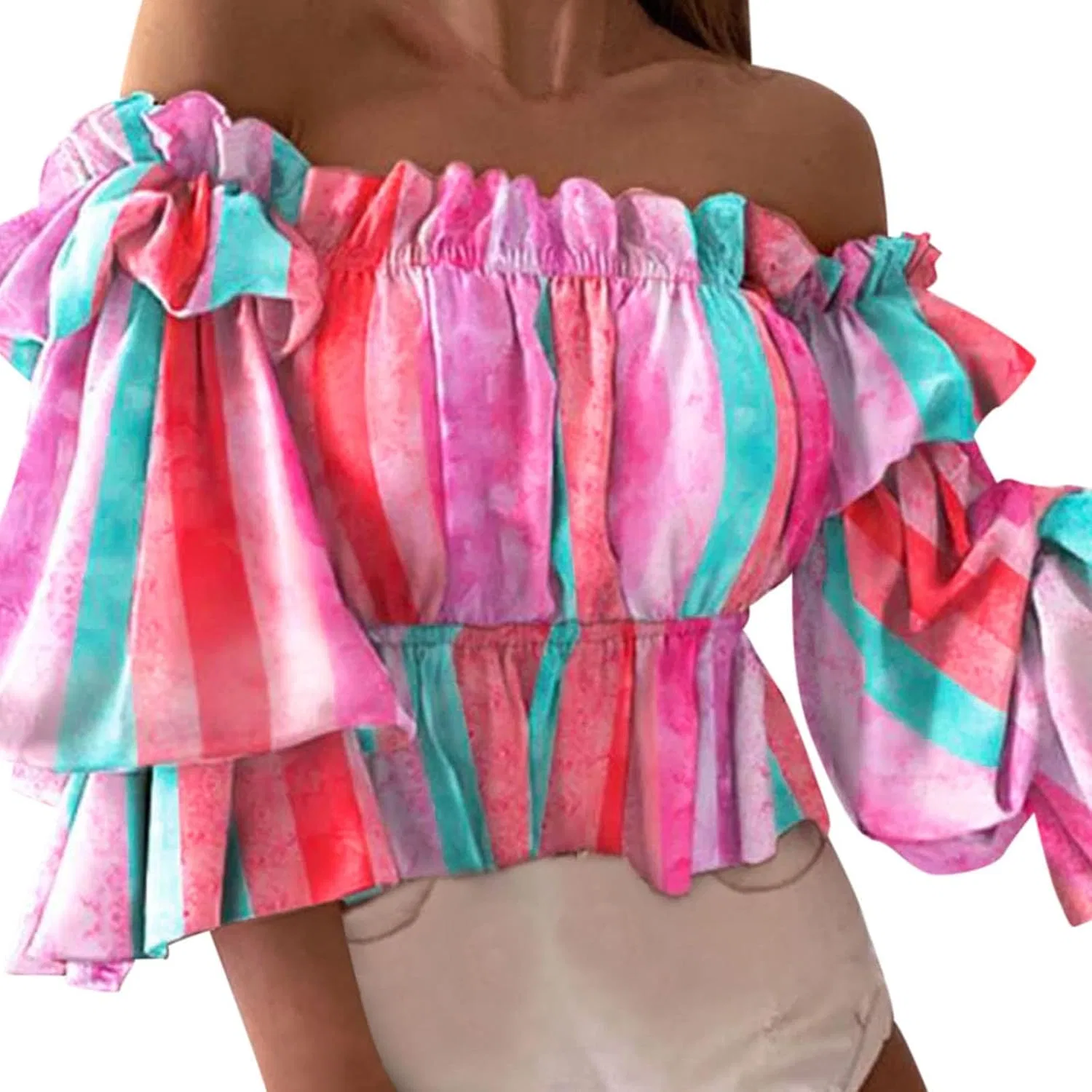 Блуза с кружевной вставкой, свободная One Shoulder, розовый