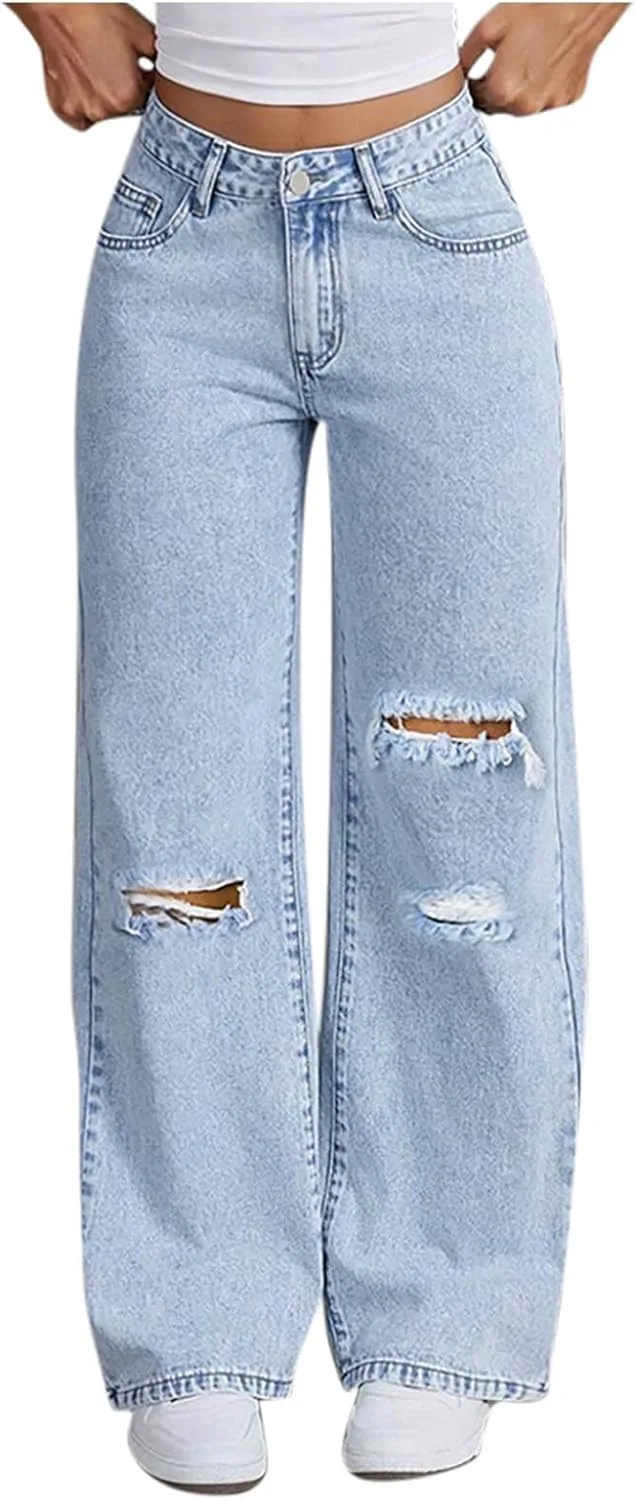 

Женские джинсы с потертостями и разрывами, свободного кроя