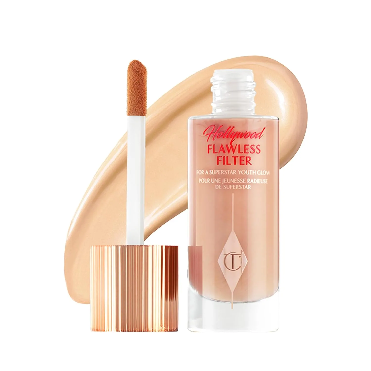 Charlotte Tilbury Hollywood Flawless Filter - Многофункциональная база под макияж, бустер для сияния и жидкий хайлайтер с легким покрытием для разглаживания и сглаживания кожи, 3 Light/Medium - Warm peach shade for light to medium skin tones