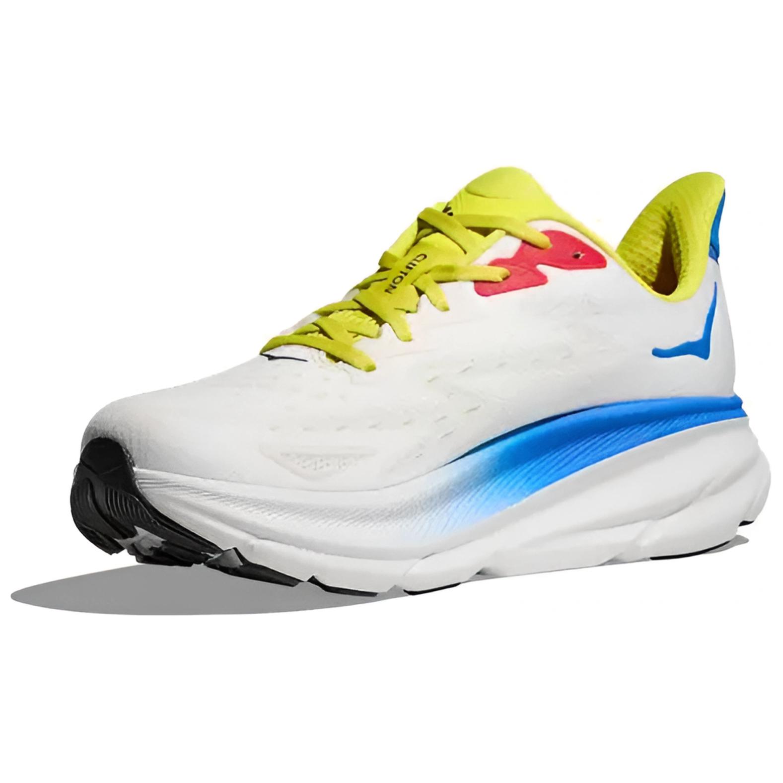 

HOKA ONE ONE Классические кроссовки Clifton 9 Blanc De Blanc Virtual Blue в бело-сине-черно-желто-красной гамме, цвет White/Blue/Black/Yellow/Red