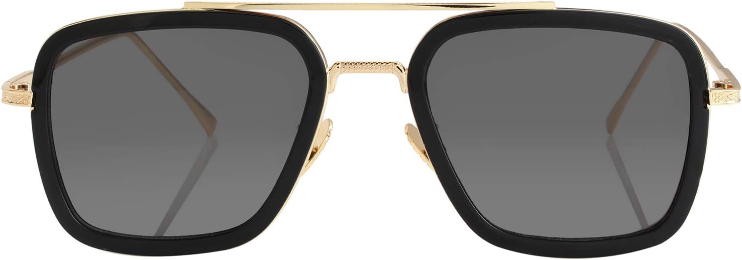 

Поляризованные солнцезащитные очки Тони Старка от Kursan для мужчин и женщин, винтажная квадратная металлическая оправа, очки Железного человека и Человека-паука, Black Gold Frame Black Lens