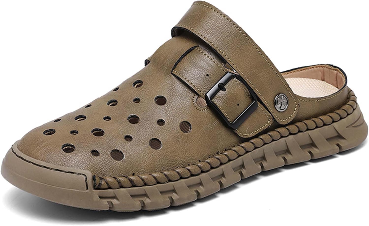 

Мужские закрытые кожаные сандалии ручной работы, летние для походов, пляжа и спорта, сандалии с регулируемым каблуком, двойное использование Generic, хаки