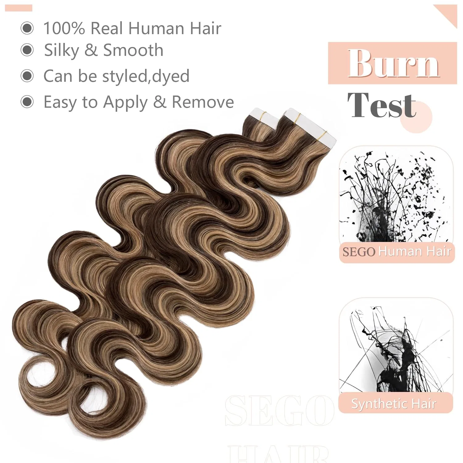 Волнистые накладные волосы на лентах SEGO из натуральных волос Sego, Medium Brown/Honey Blonde #4P27 Natural Waves — фото 2