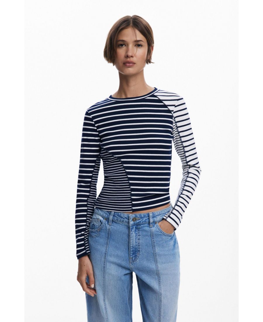 

Женская футболка в полоску с комбинированным рисунком Desigual, Black, Черный, Женская футболка в полоску с комбинированным рисунком Desigual, Black