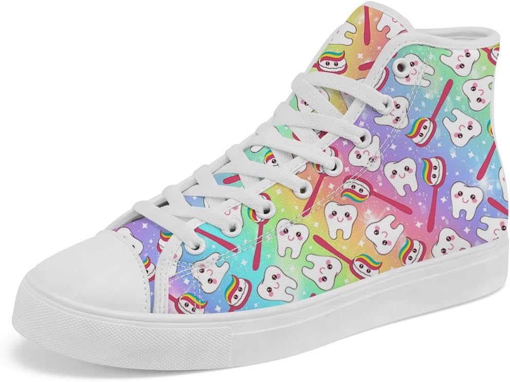 

Высокие кеды на полотняной подошве с зубным принтом для женщин и мужчин, высокие кроссовки на шнуровке, повседневная обувь Chebing, 616 Rainbow