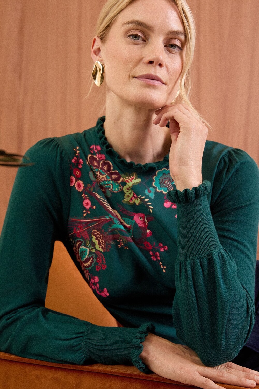 

Джемпер с рукавами гофре из тонкого плетеного микса Love & Roses, зеленый