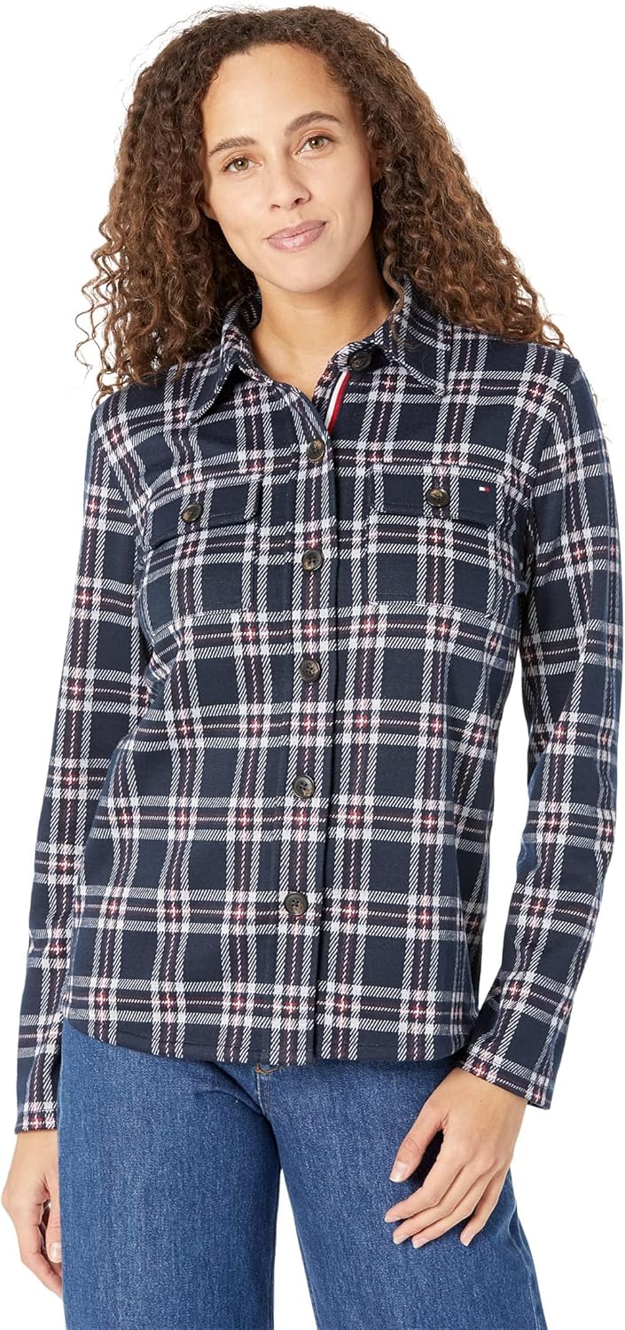 

Женская трикотажная куртка-рубашка Tommy Hilfiger, Hillside Plaid/Sky Captain/Crimson