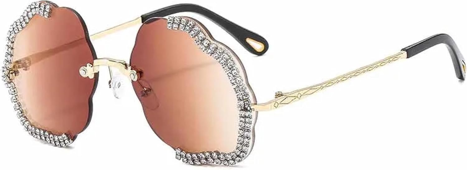 

Винтажные модные солнцезащитные очки без оправы с имитацией бриллиантов для мужчин и женщин. Модный тренд: хип-хоп, вечеринки, защита от УФ-излучения UV400 TKKTLLT, Gold Gradient Tea