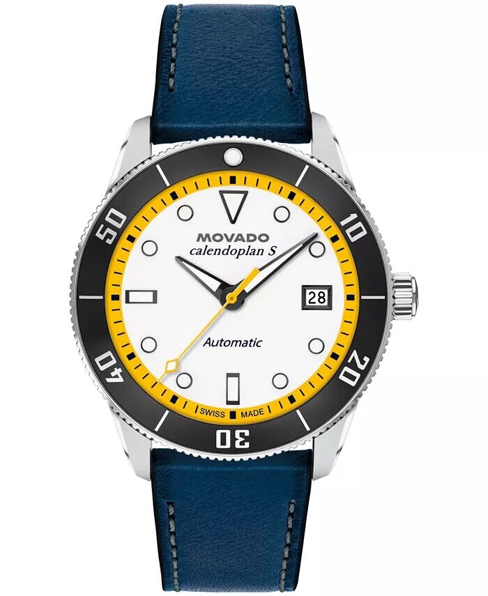 

Мужские часы Calendoplan S Swiss автоматические синие кожаные 40 мм Movado, синий