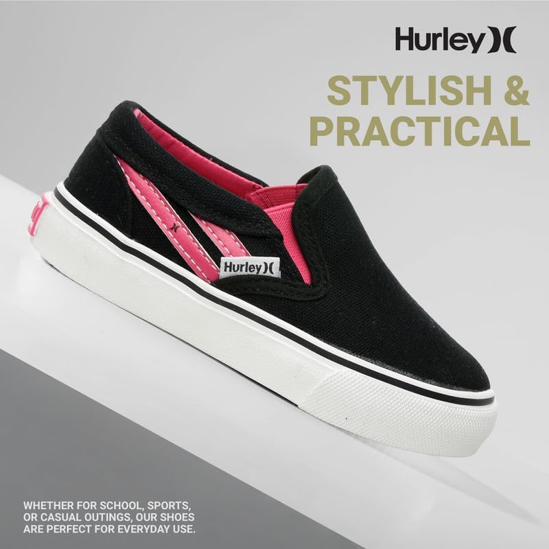 Детские слипоны Hurley из холщовой ткани - низкие кеды для скейтбординга для детей, спортивная обувь для мальчиков и девочек, повседневные кроссовки, черный/розовый — фото 4