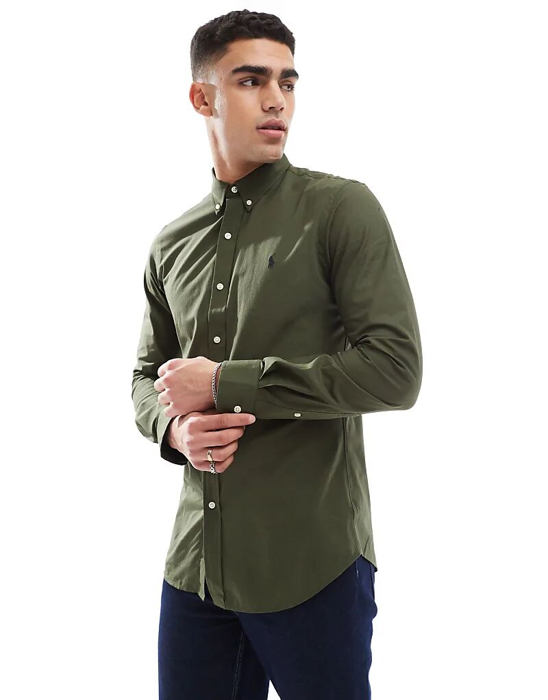 

Рубашка из эластичного поплина с логотипом icon slim fit темно-зеленого цвета Polo Ralph Lauren