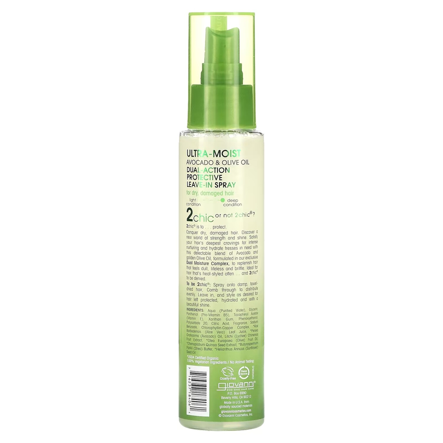 Giovanni 2chic Ultra-Moist Защитный несмываемый спрей двойного действия для сухих поврежденных волос с авокадо и оливковым маслом, 4 жидких унции (118 мл) — фото 2