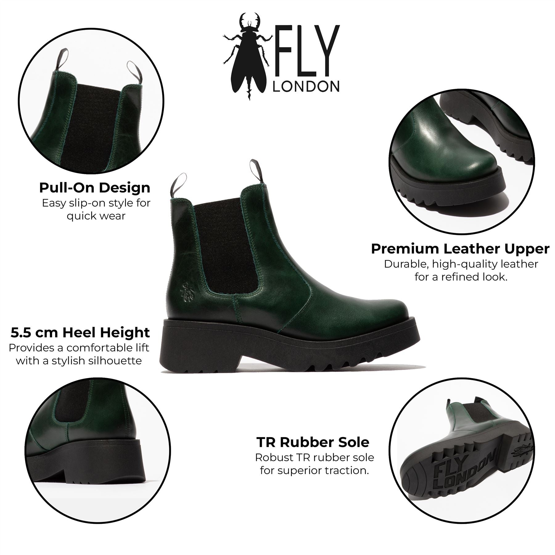 Женские кожаные ботинки Fly London Petrol Green MEDI789 на платформе с клиновидным каблуком и резинкой — фото 2