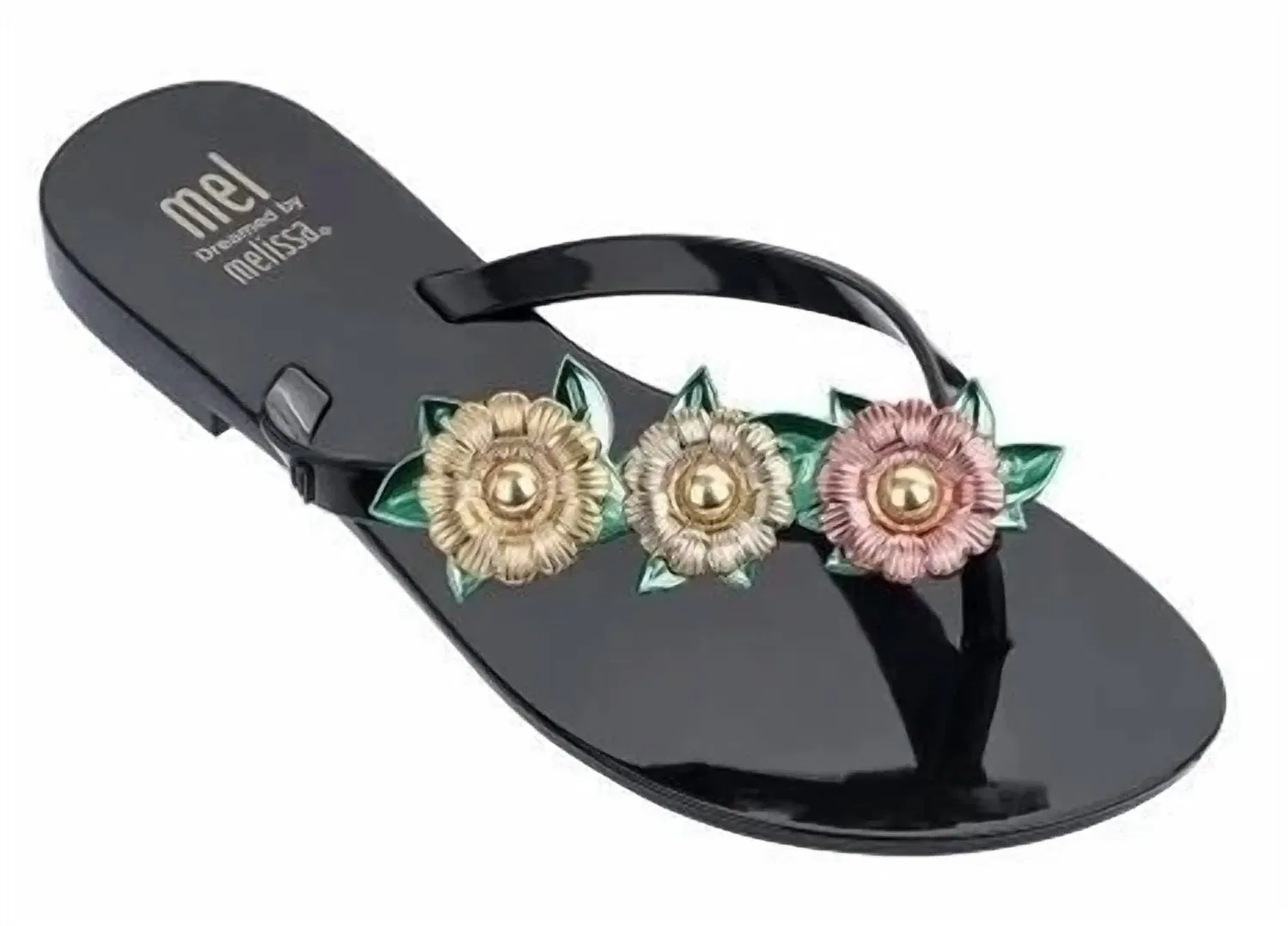 Mini Melissa Шлепанцы Mel Harmonic Garden для девочек, черно-зелено-золотые