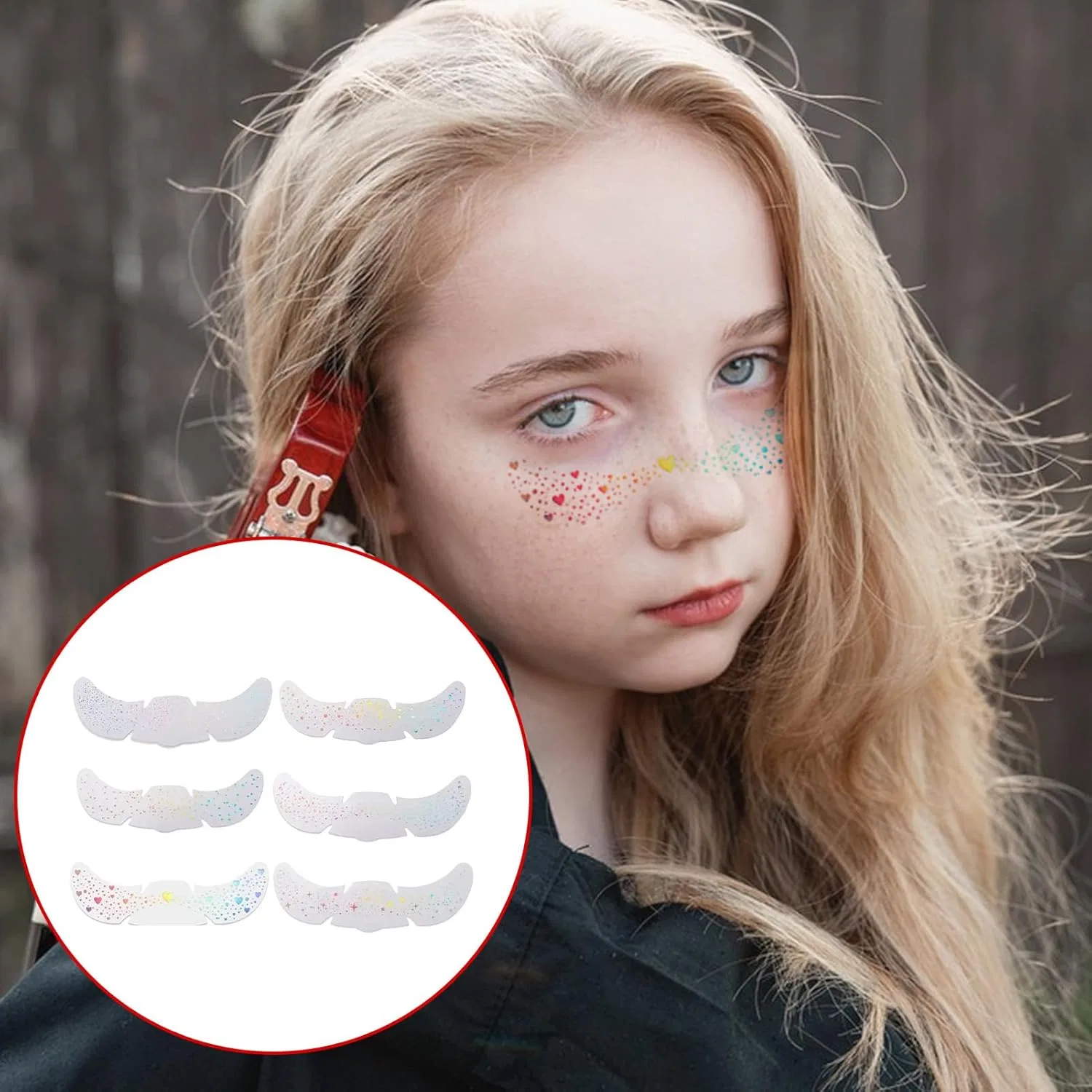 Набор временных тату-стикеров для лица Freckles, 6 шт, звезды и сердца, holographic — фото 2